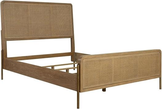 Benjara Sea Wood King Size Bed with Woven Cane Design-Open Panel-4 Slats-Brown