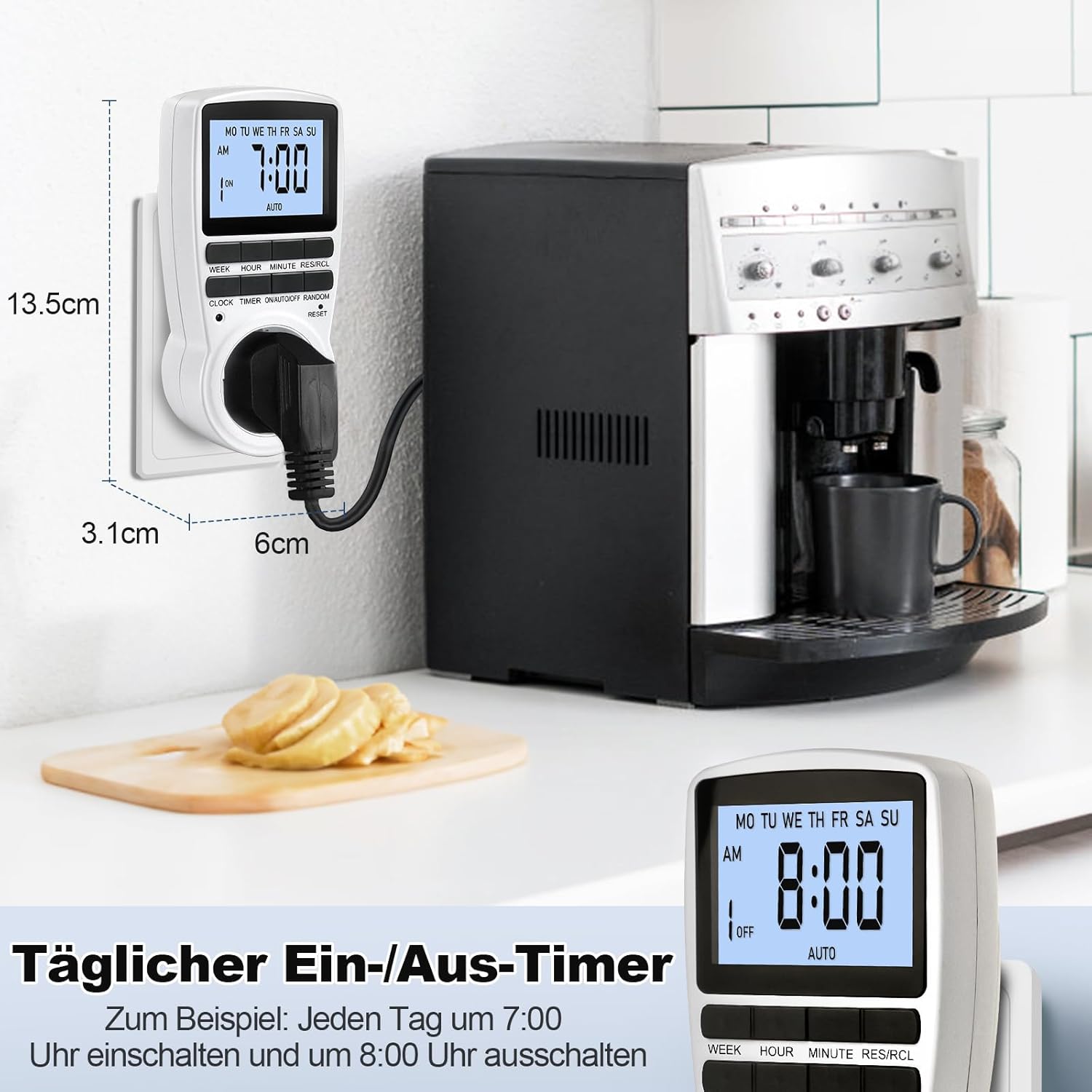 Timer plugged in next to a coffee machine, showing daily timer example and dimensions