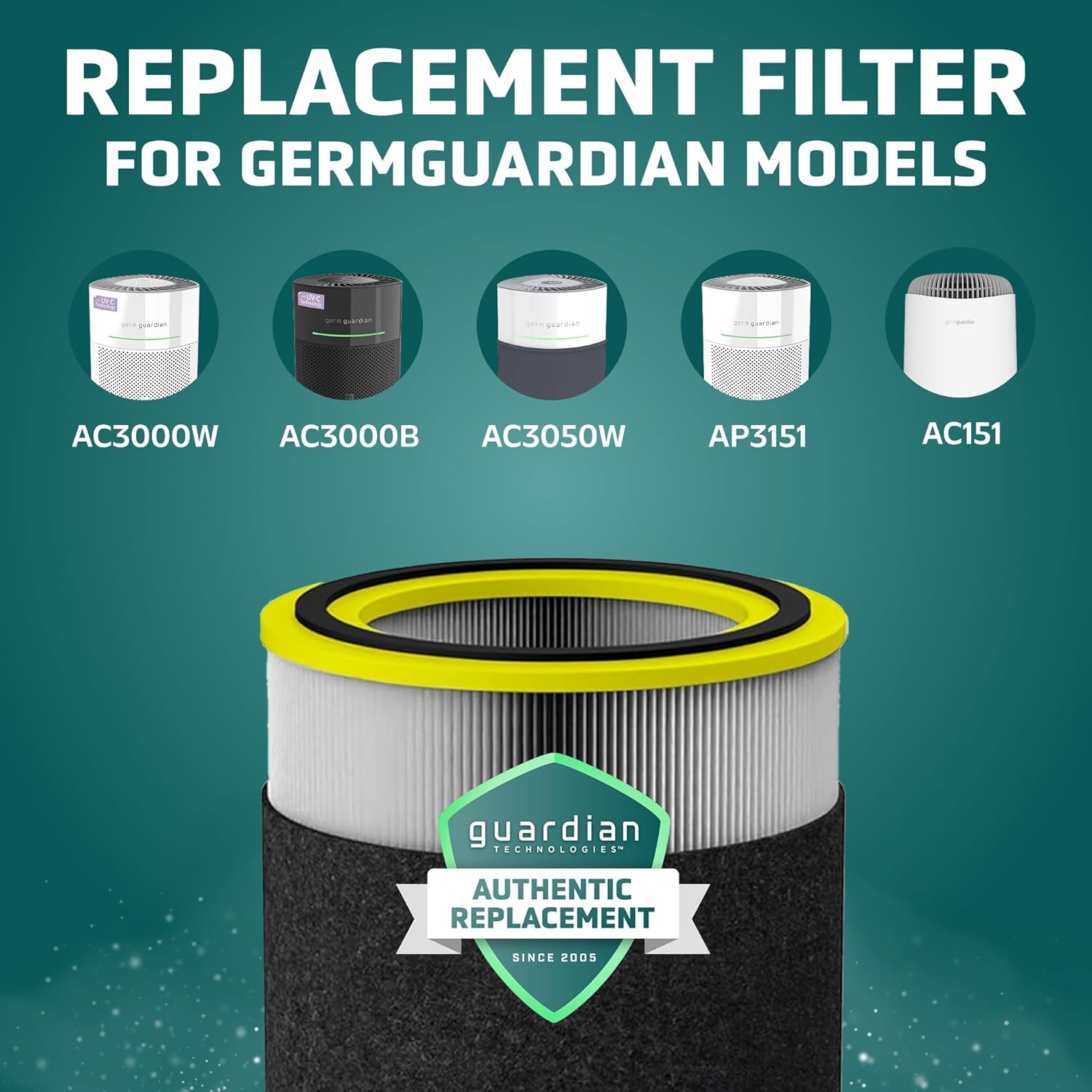 germguardian filter v hepa pure genuine air purifier replacement filter, removes 99.97% of pollutants, wildfire smoke, odors, for models ac3000w, ac3000b, ac3050, ap3151, ac151, black/yellow, flt151