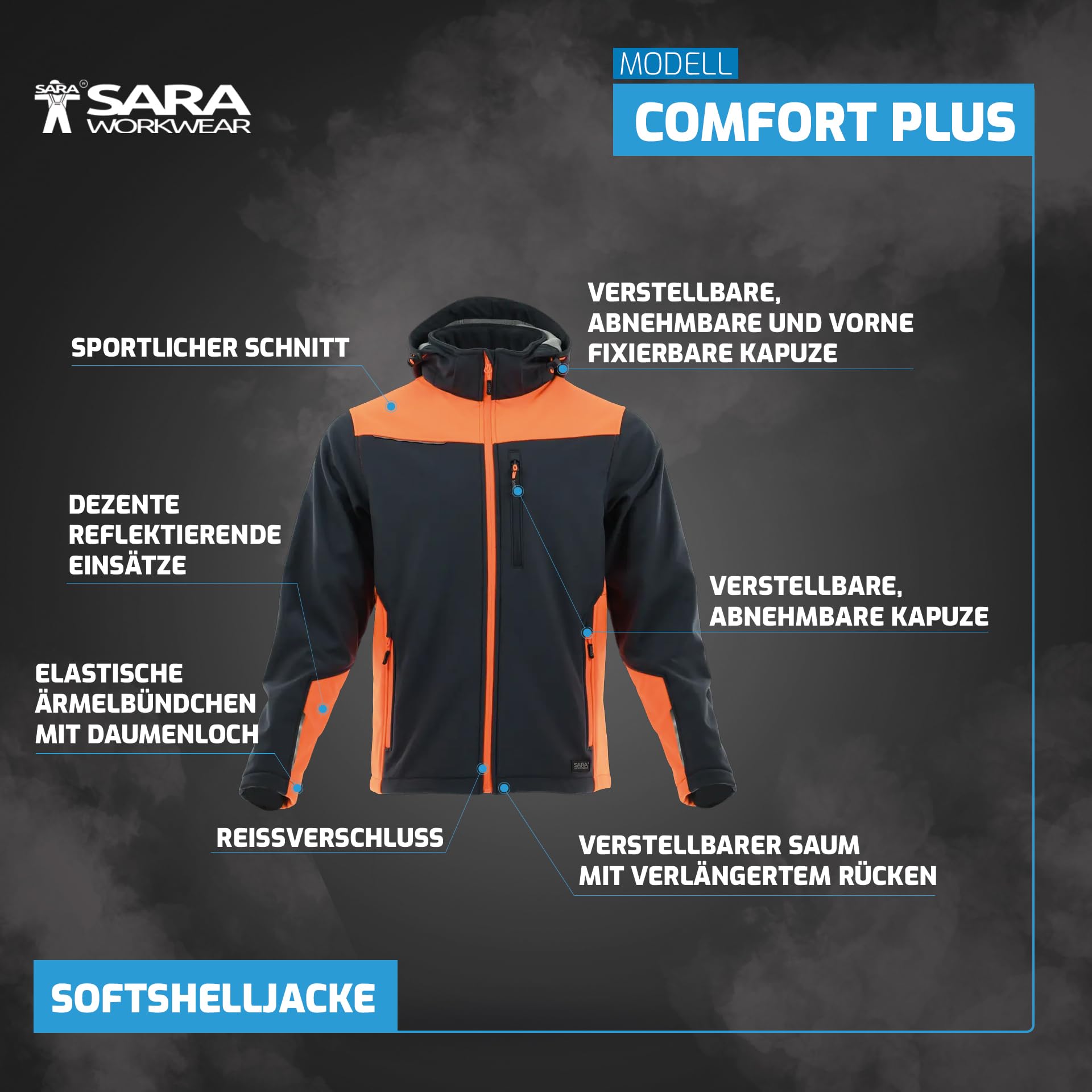 SARA WORKWEAR Arbeitsjacke Herren Softshell - Arbeits Softshelljacke Wasserdicht, Winddicht und Atmungsaktiv - Arbeitskleidung Herren aus Fluoreszierenden Materialien Gr.S-XXXL