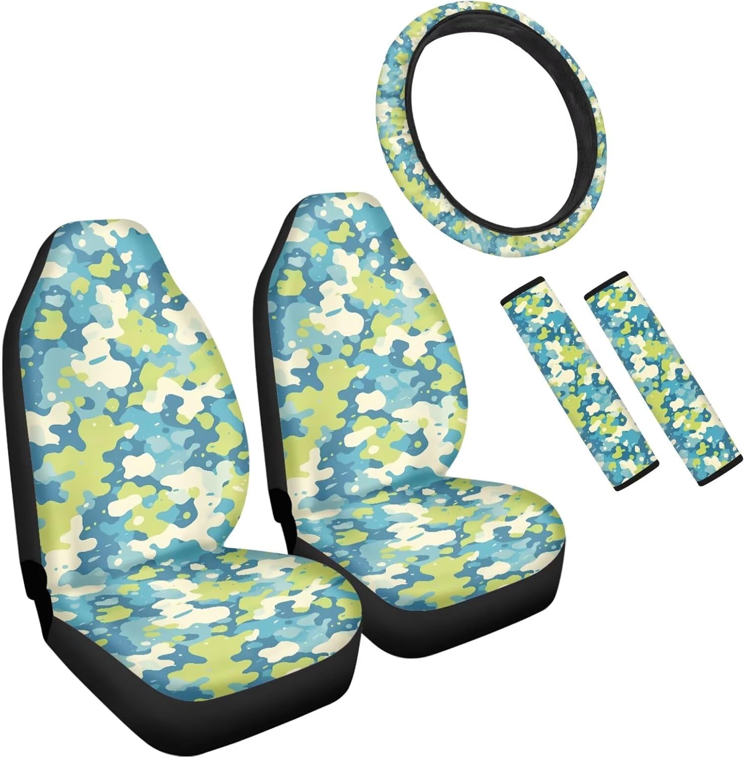 Cute Blue Leopard Print Universal Car Seat Covers of 5 Pcs Set Cartoon Animal Skin Steering Wheel Cover Front Seat Cover Universal Automotive Interior Covers
