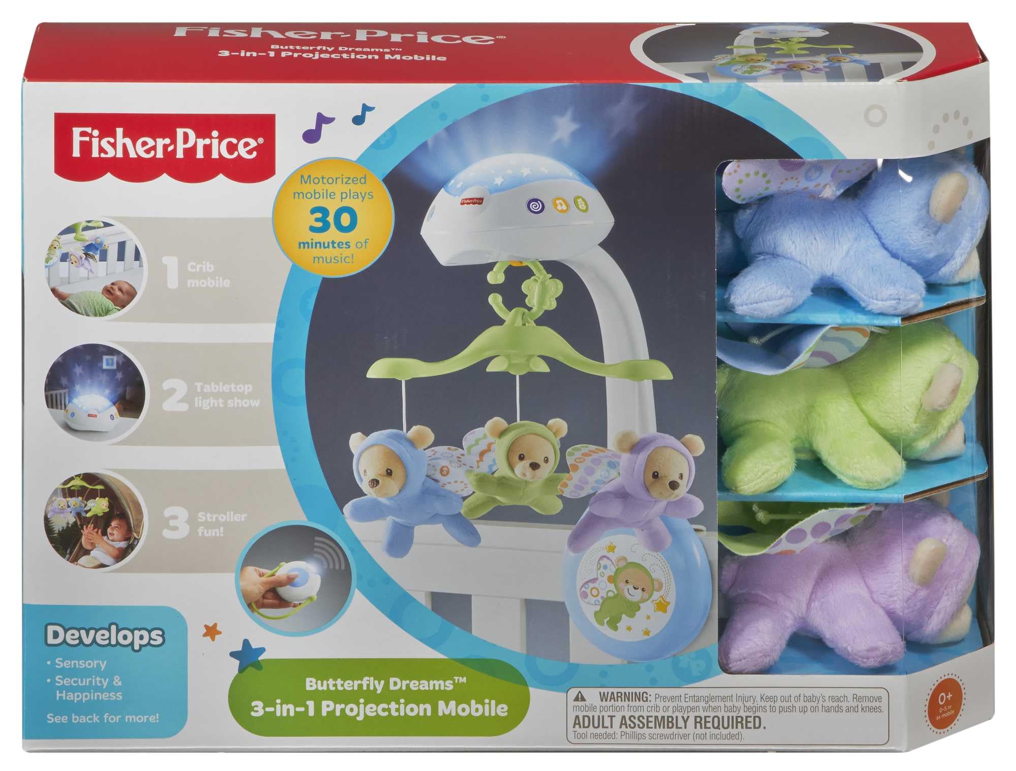 Fisher-Price - Mobile Doux Rêves Papillon - Veilleuse avec Projection de Lumière - 3 Peluches, 3 Modes Audio - Adapté aux Bébés - Cadeau de 0 à 5 Mois, CDN41