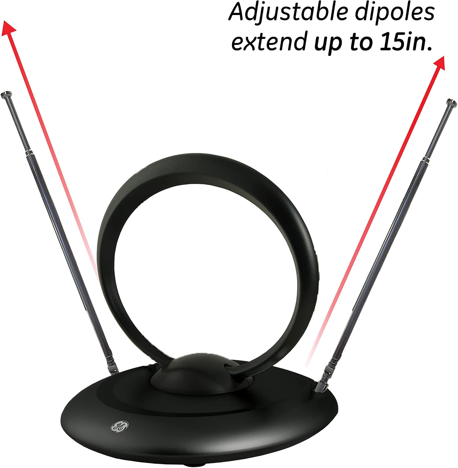 GE Cirular Loop Indoor HD Digital TV Antenna, Long Range Smart TV Antenna, Tiltable loop with 15in Dipoles, Supports 4K 1080P HD Smart TV VHF UHF, Passive Modern Rabbit Ear, 4ft Coax HDT Cable, 33694