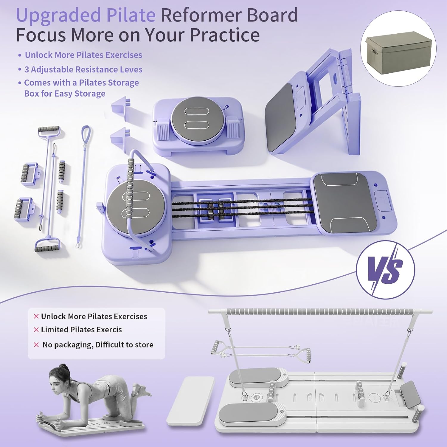 Pilates Reformer Board with 3 Adjustable Resistance, 60'' Foldable & Portable Pilates Machine for Home Use, Tool-Free Assembly, Includes Storage Box and 3 Yoga Socks (Purple)