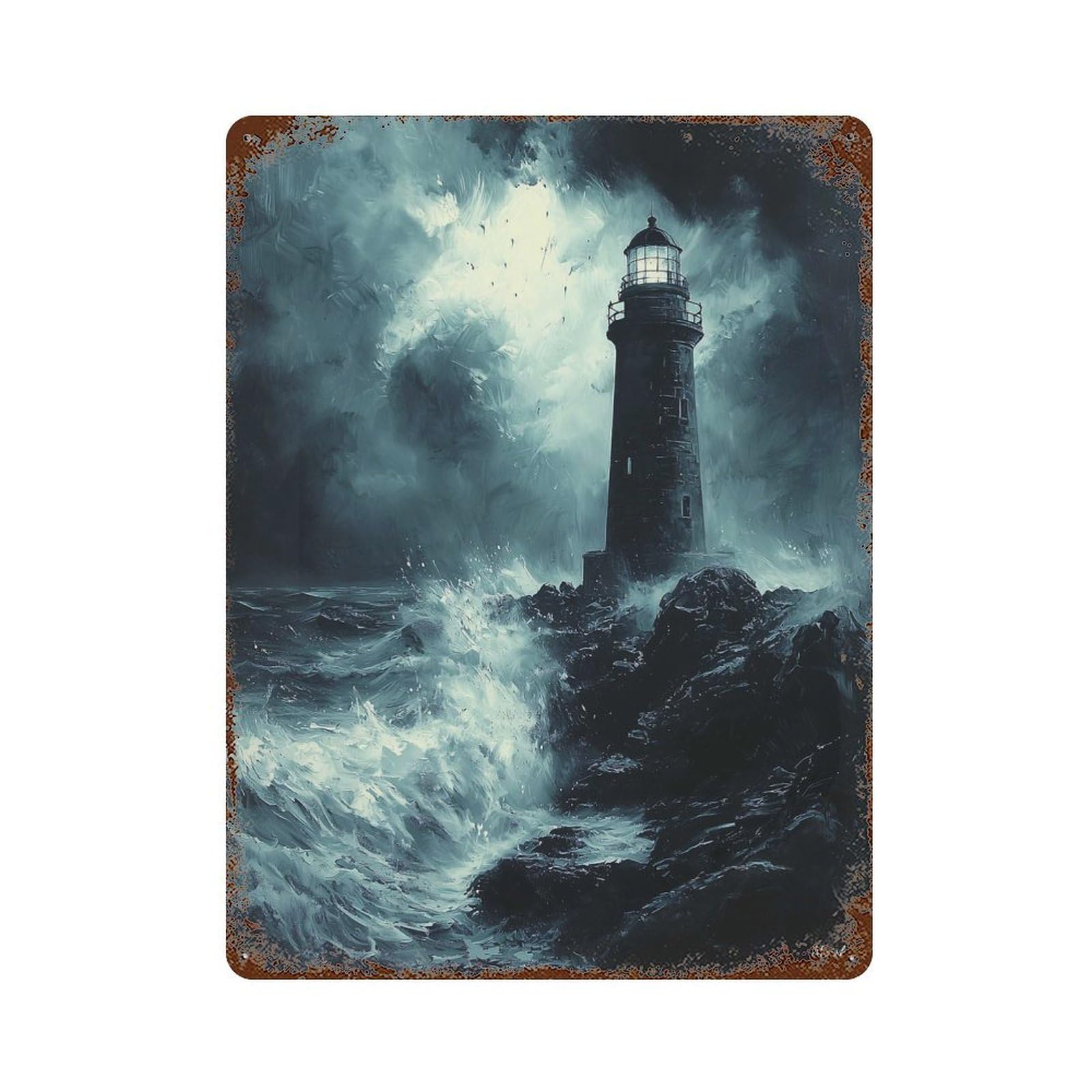 Vintage Rust Metal Sign Stormy Lighthouse at Night - Charcoal Art 15.7"x11.8", Novelty Wall Decor for Garage, Bar And Workshop Decor