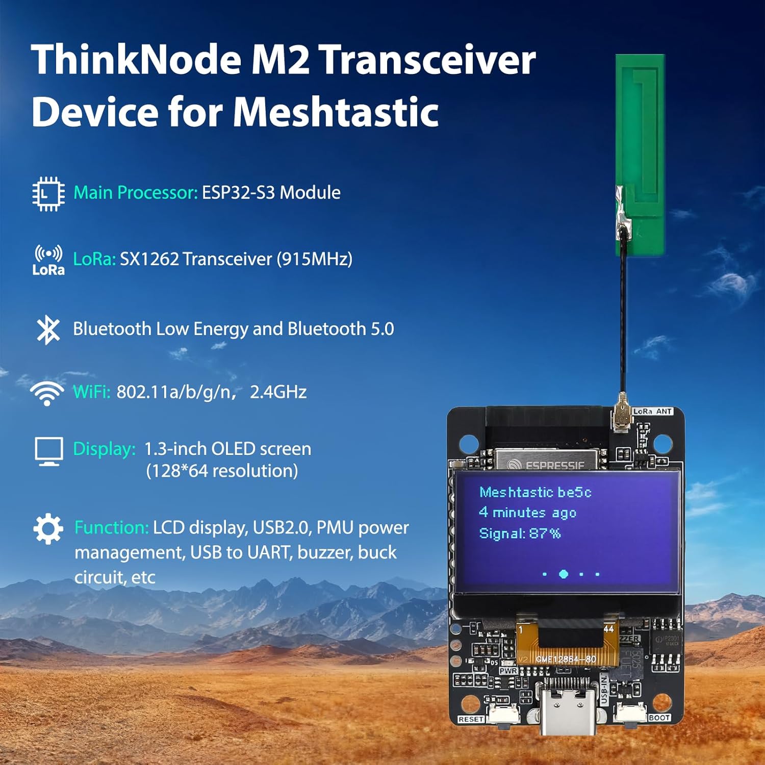 ELECROW ESP32-S3 LoRa Development Board with 915 MHz Antenna, 1.3" OLED Display, ThinkNode M2 LoRa Meshtastic Integrated WiFi Bluetooth SX1262 Wireless Module for Meshtastic IoT LoRaWAN