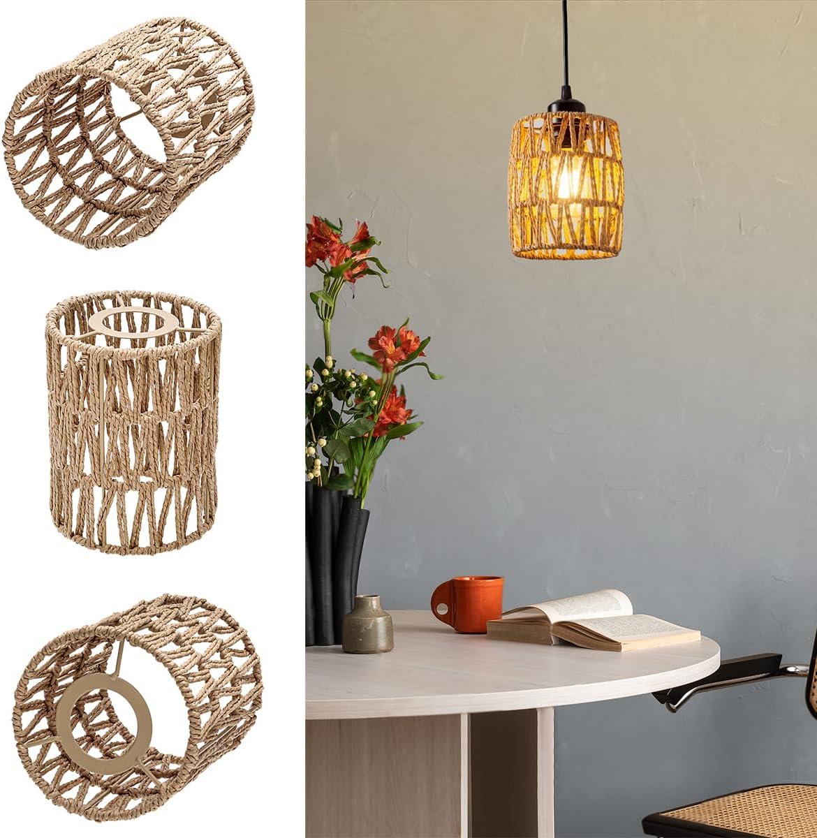 6 Pack Rattan Lamp Shade Small, Boho Mini Lamp Shades Replacement, Vintage Hanging Light Shades, Cylinder Woven LampShades for Floor Lamps Pendant Light Chandelier Wall Sconces Light Fixture Shades