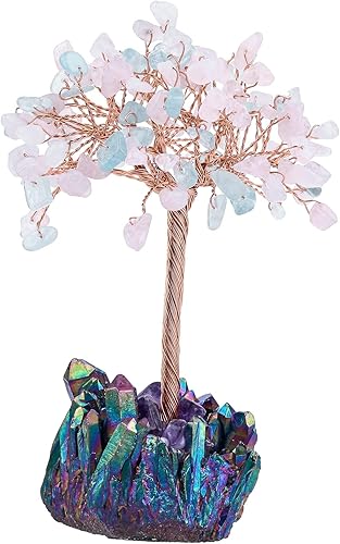 mookaitedecor Árbol de cristal de cuarzo rosa y aguamarina en racimo de cristal de titanio arcoíris, árbol de la vida para la buena suerte,