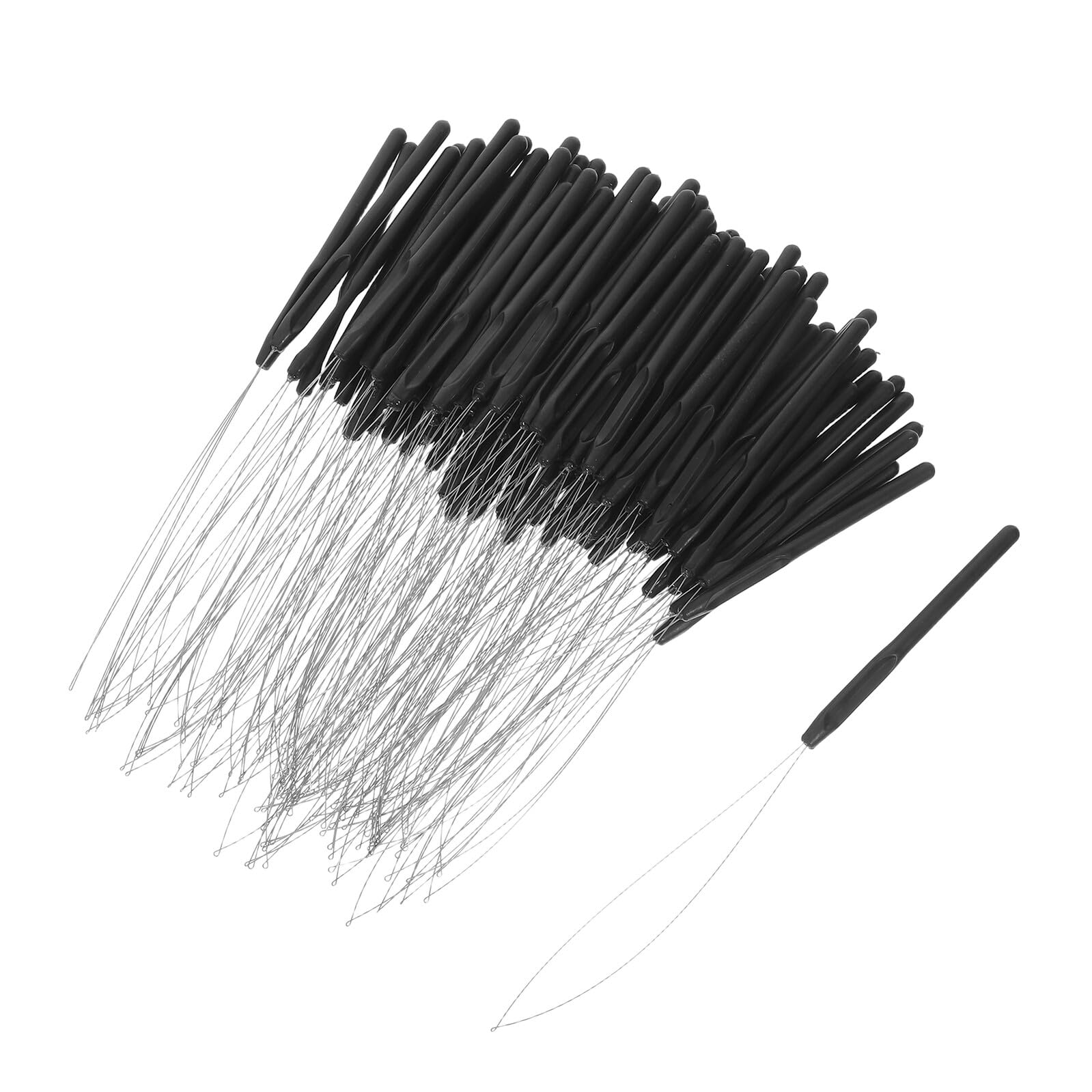 VILLCASE 100 Outils Enfile-Perles pour Extensions de Cheveux Crochet et Poignée en Plastique Noir Aiguille à Tirer les Perles pour Coiffure Accessoire Compact pour Perruques et