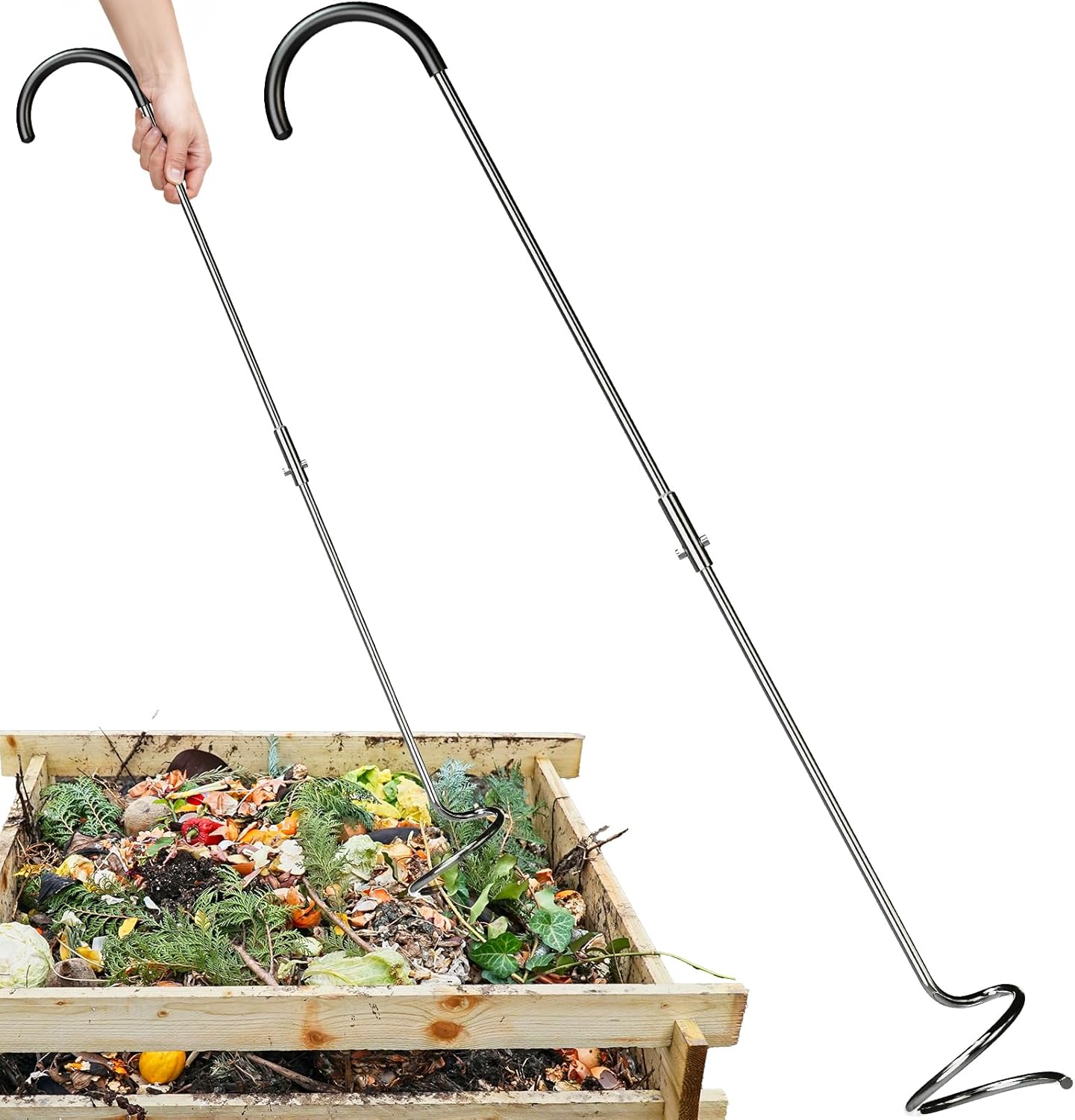 EJWOX Compost Aerator Tool, Heavy Duty Spiral Compost Turner with Ergonomic Handle, Manual Soil Aeration Tool for Garden Compost Bin and Backyard Pile Mixing