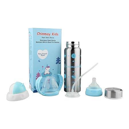 Chinmay Kids Baby Feeding Bottle Multifunctional Stainless Steel Milk Thermosteel Feeder Bottle for Infant Newborn Toddler for Travel (Blue, 240ML)