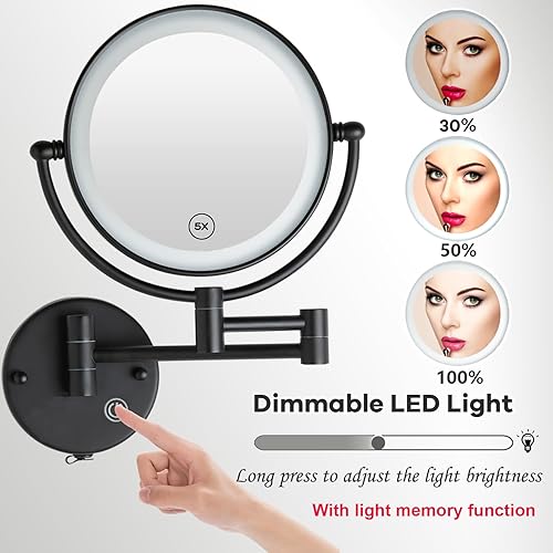 Miniatura 5 de RECKODOR Espejo de maquillaje recargable para baño con aumento 1X5X con luz, brazo extendido, rotación de 360 grados de 8 pulgadas, sin alambre