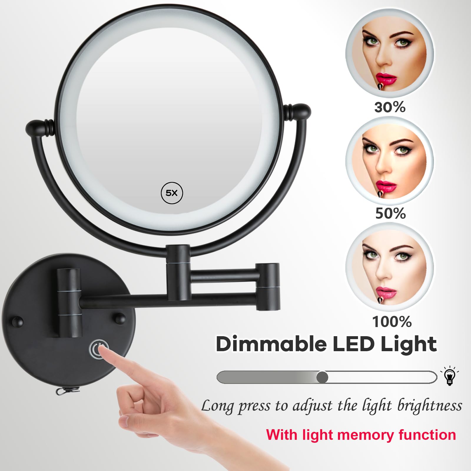 Espejo Maquillaje con Luz Pared, 1X / 5X Doble Cara Espejo Baño,Material de Latón,Espejo Aumento con Luz,Control por Interruptor Táctil,Brillo Ajustable,360 Giratorio Espejo para Baño,Hotel