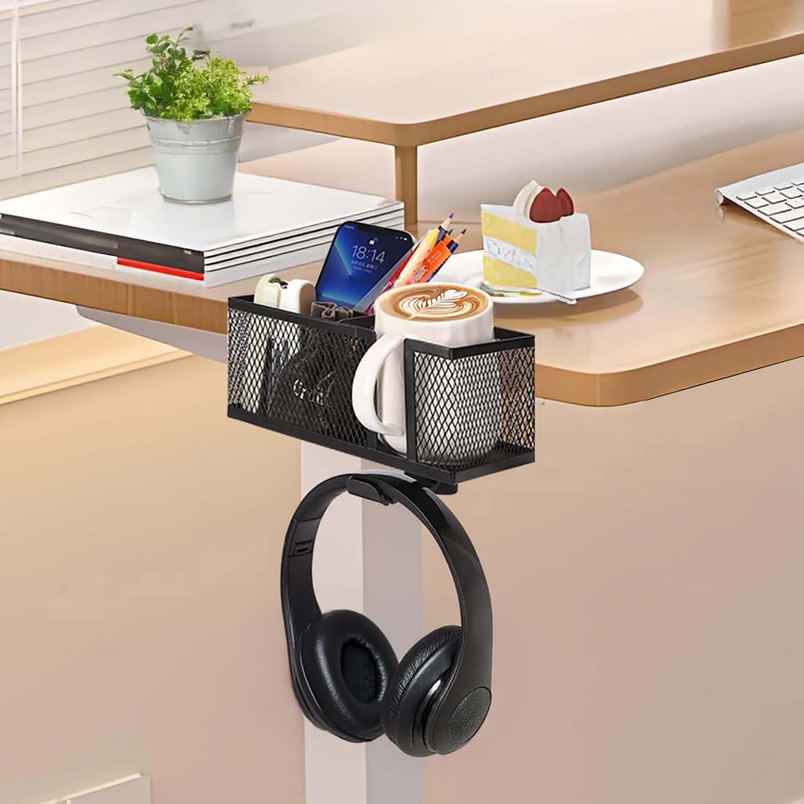 Mount Getränkehalter, 3-in-1-Schreibtisch, auslaufsicher, Becherständer für Zuhause, Büro, Schreibtisch, Becherhalter, Aluminium, Klemme mit Ablageschale und Kopfhörerhaken, mit Handy-Ständer