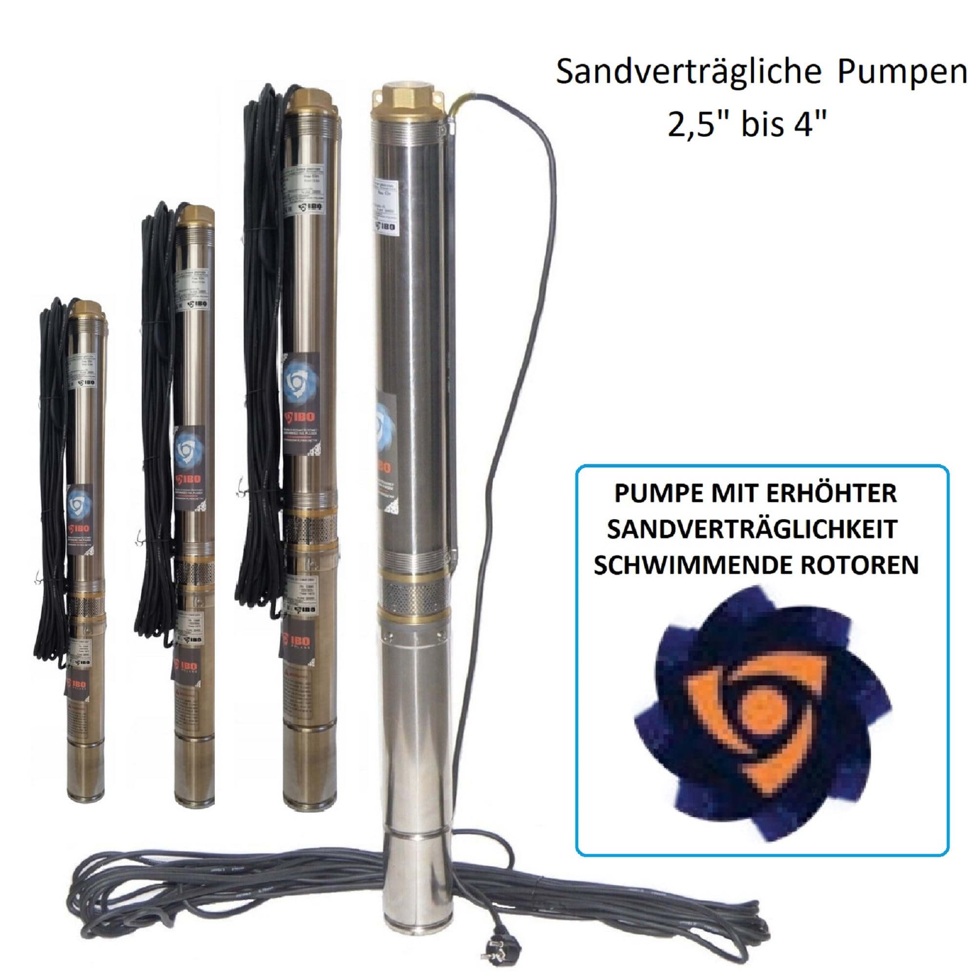 Hochwertige sandverträgliche IBO Tiefbrunnenpumpe Brunnenpumpe 3" 74 mm bis 4200l/h - 0,75kW -230V - 8 bar