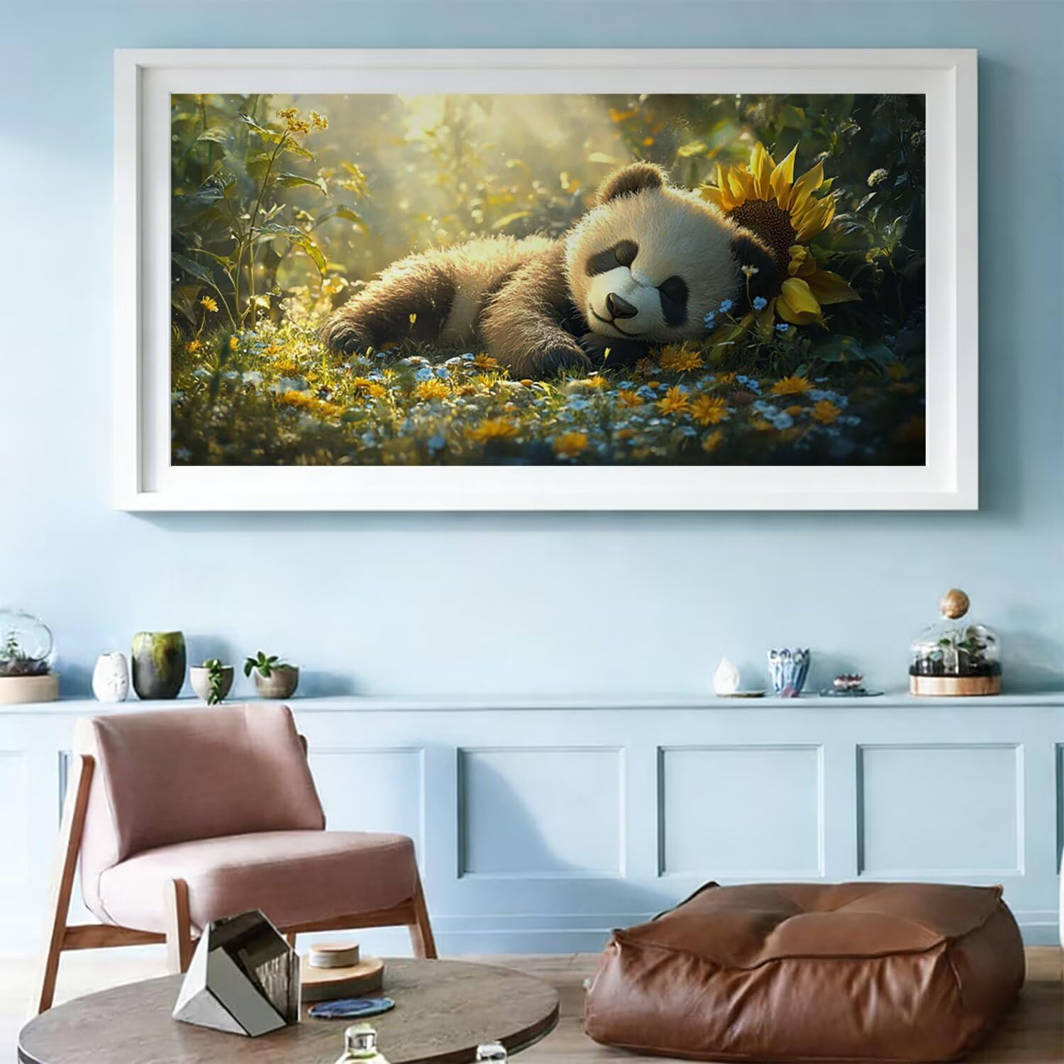 Malowanie według numerów Dorośli Panda Słonecznik Wzór, Rękodzieło Dorośli Zestaw Farby Akrylowe z Pędzelkami, DIY Kreatywność Paint by Numbers Bez Ramki, Zdjęcia Dekoracja Domu Ściana 70x140cm h-q