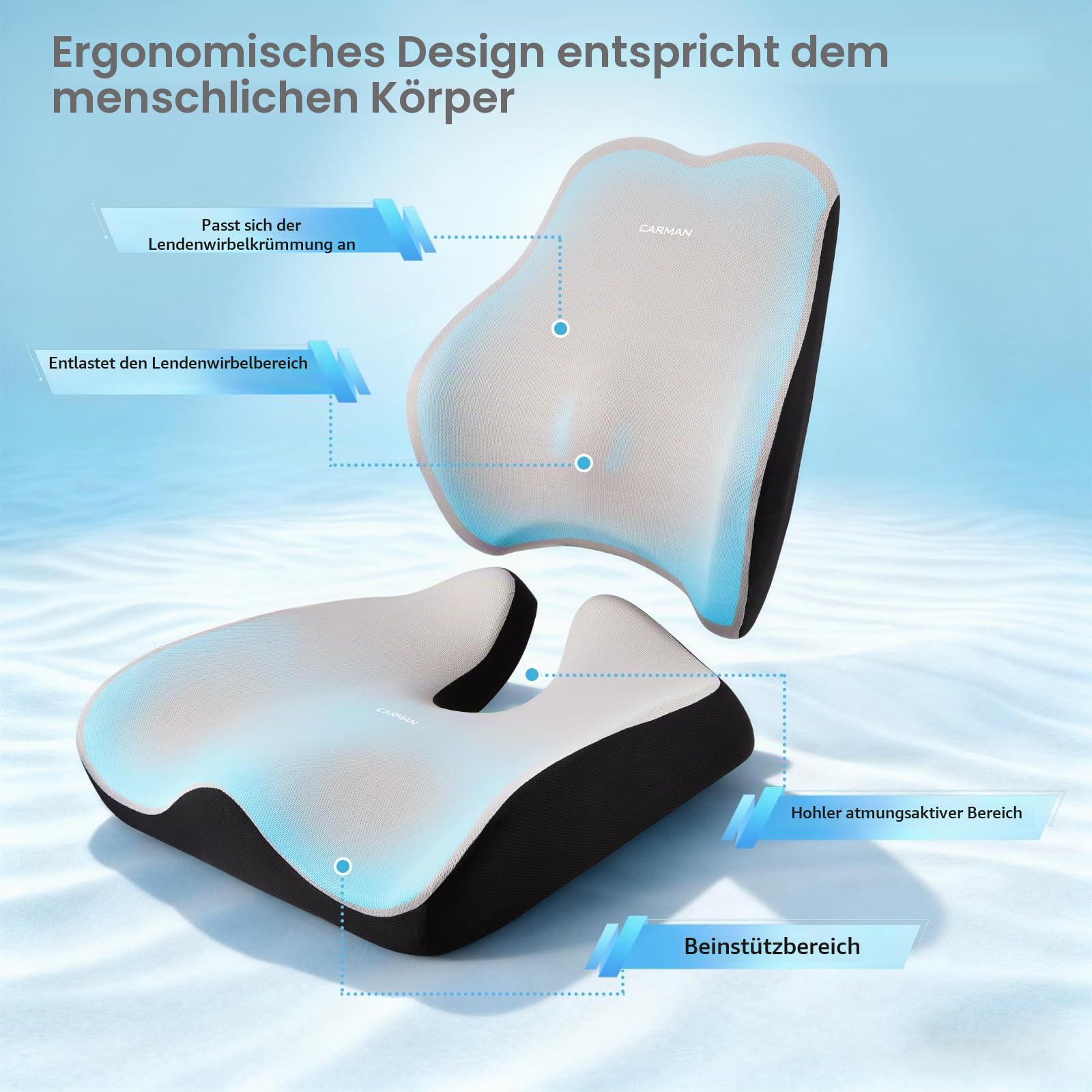 Sitzkissen und Rückenkissen, Orthopädisches Druckentlastungskissen für das Steißbein, Ergonomisches Steißbeinkissen, Memory Foam für Büro und Auto