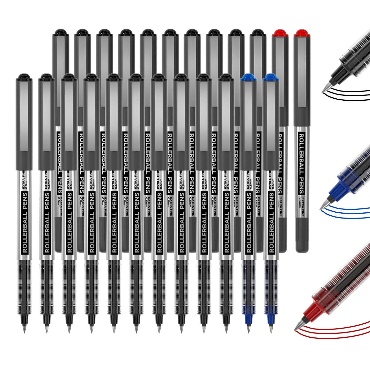 Rollerball Pens, 25 Pack (21 Black, 2 Blue, 2 Red) 0.5mm Liquid Ink Pens, Quick Drying & Long Lasting Extra Fine Point Pens for Writing, Journaling, Notes Taking School Office Supplies
