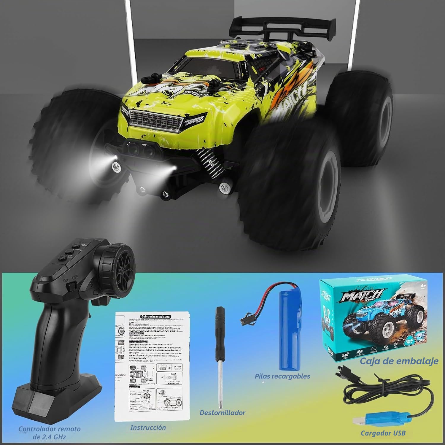 Coche Teledirigido Todoterreno 1:16, 20 km/h, Control 2.4Ghz, Luces LED Brillantes, Baterías Recargables, Juguete para Niños y Niñas de 6 a 12 Años, Regalo Ideal para Cumpleaños y Navidad