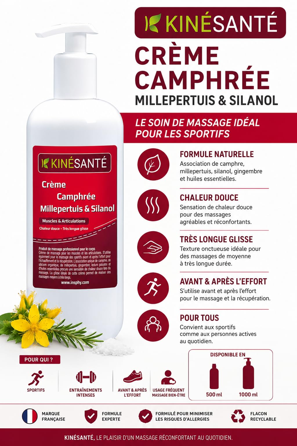 Crème de Massage Chauffant Muscles et Articulations 500 ml – Camphrée Millepertuis & Silicium – Avant et Après Effort – Fabriqué en France