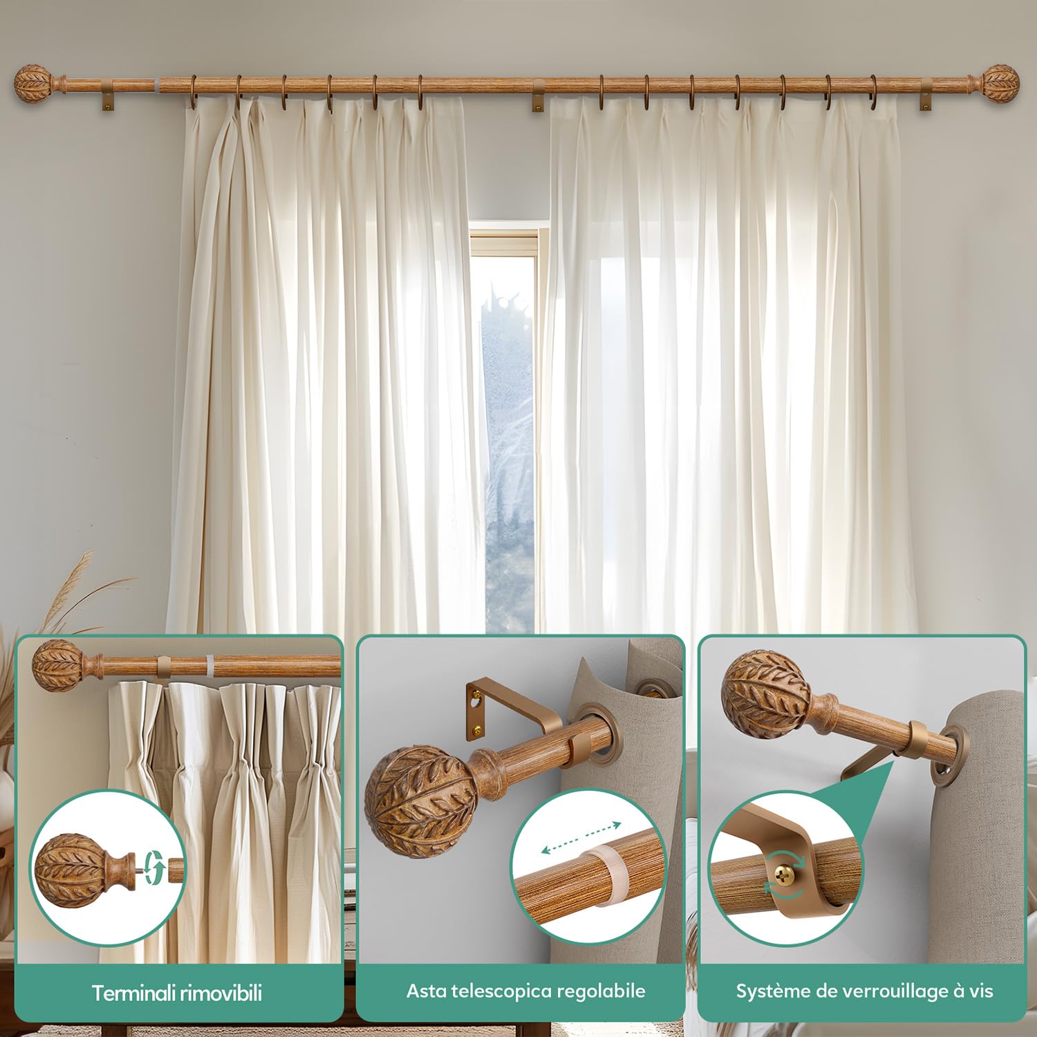 Barra Cortinas Extensible Acabado Efecto Madera Oscura 80-365 Cm | Varilla MetáLica De 25 Mm De DiáMetro, InstalacióN Mural, Gran Capacidad De Carga, Ideal Para SalóN Y Dormitorio