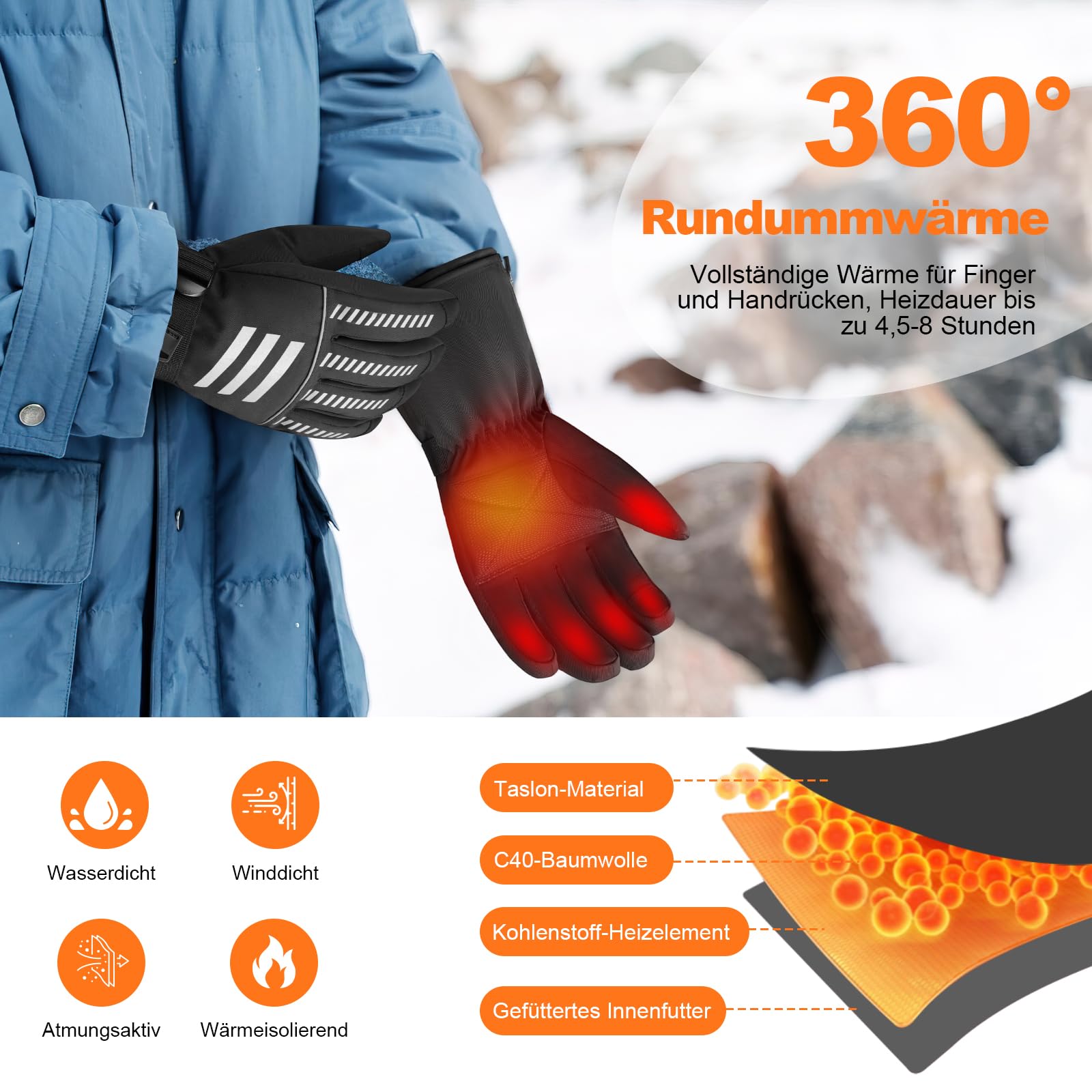 Gants Chauffants Rechargeables 7.4V 3000mAh - Gants de Ski et Moto Chauffants Homme Femme - 3 Niveaux de Chauffage, Imperméables, Tactiles - pour Randonnée, Chasse, Randonnée Hivernale