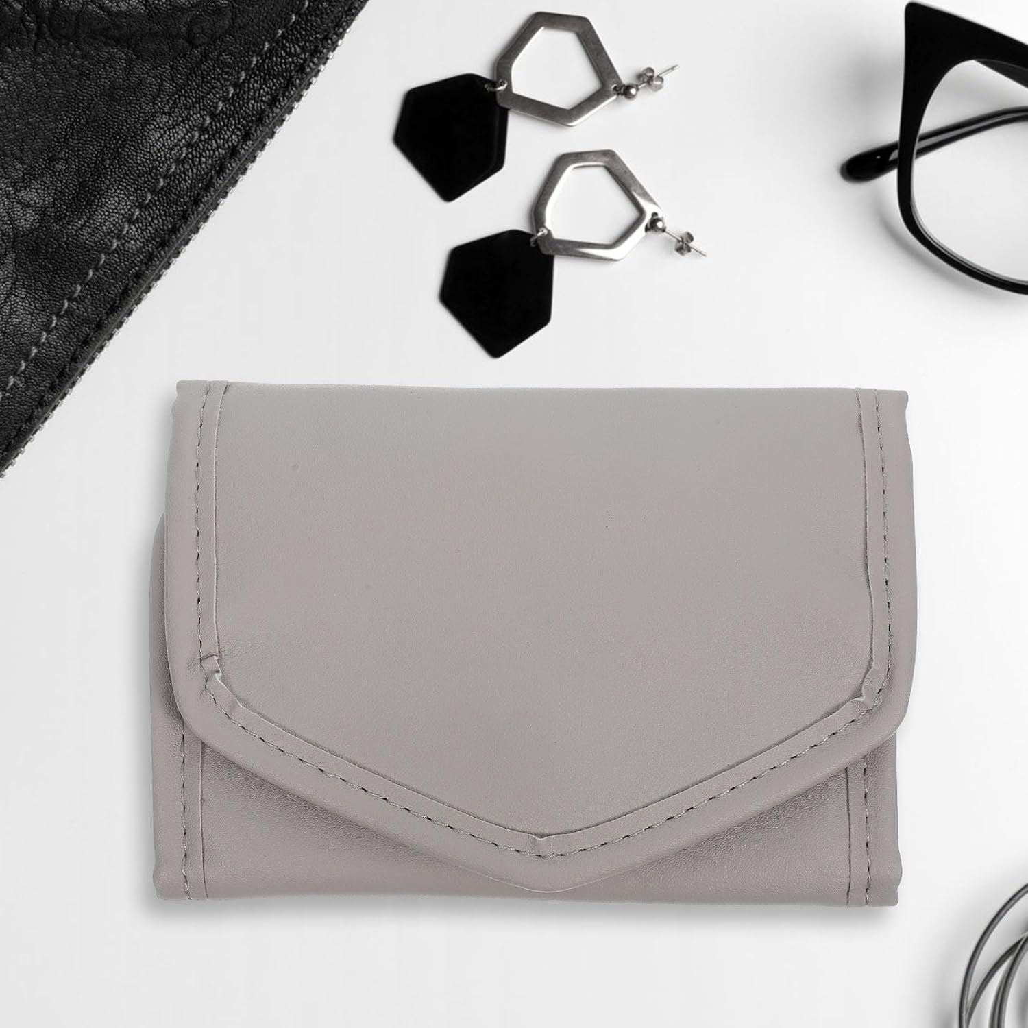 Foldable Small Travel Jewelry Storage Roll Bag with Snap Closure, Mini Organizer Pouch for Necklaces Earrings Rings Bracelets, Portable Gray Jewelry Holder for Women on The Go