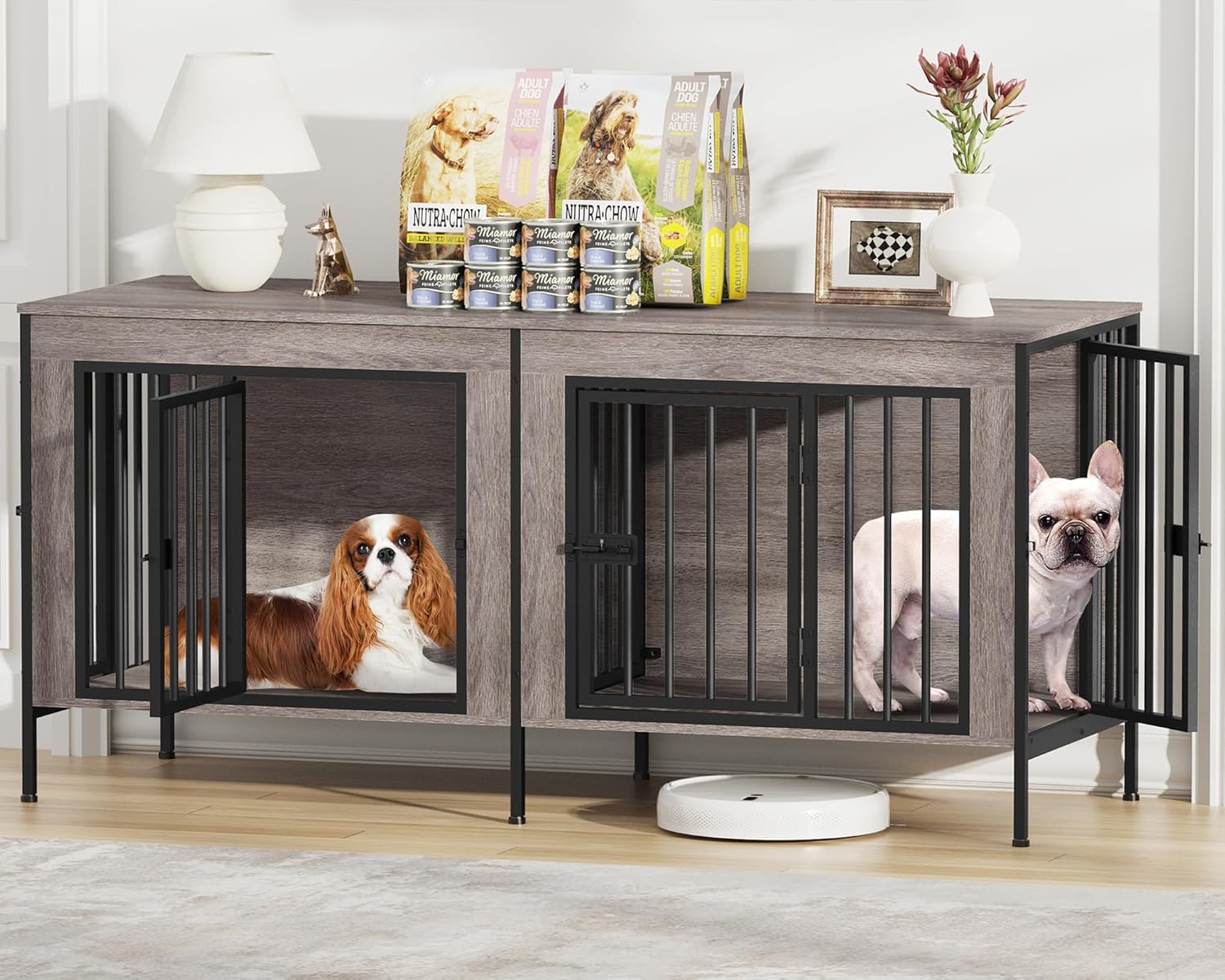 Hundekäfig Möbel für 1 Oder 2 Hunde, 4 Türen, 140 cm Holz Hundekäfig für Kleine/Mittlere Hunde, Indoor Hundebox für Zuhause als Beistelltisch und TV-Ständer, 140 x 52 x 66 cm, Graueiche