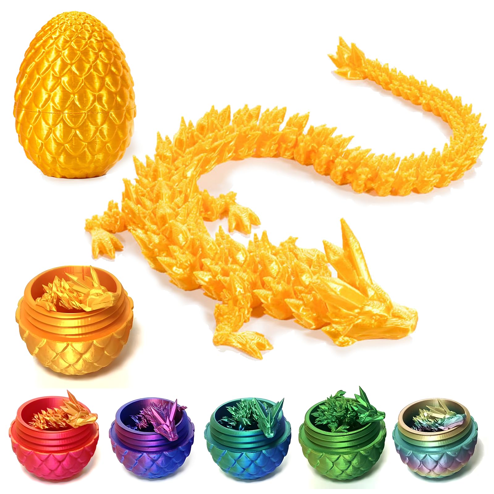 ZZXIAOJIE 3D Printed Dragon Egg Fidget Toys Mystery Crystal 3D Printed Animals Articulated Dragon Easter Eggs Gifts Home Desk Decor (Gold.A)