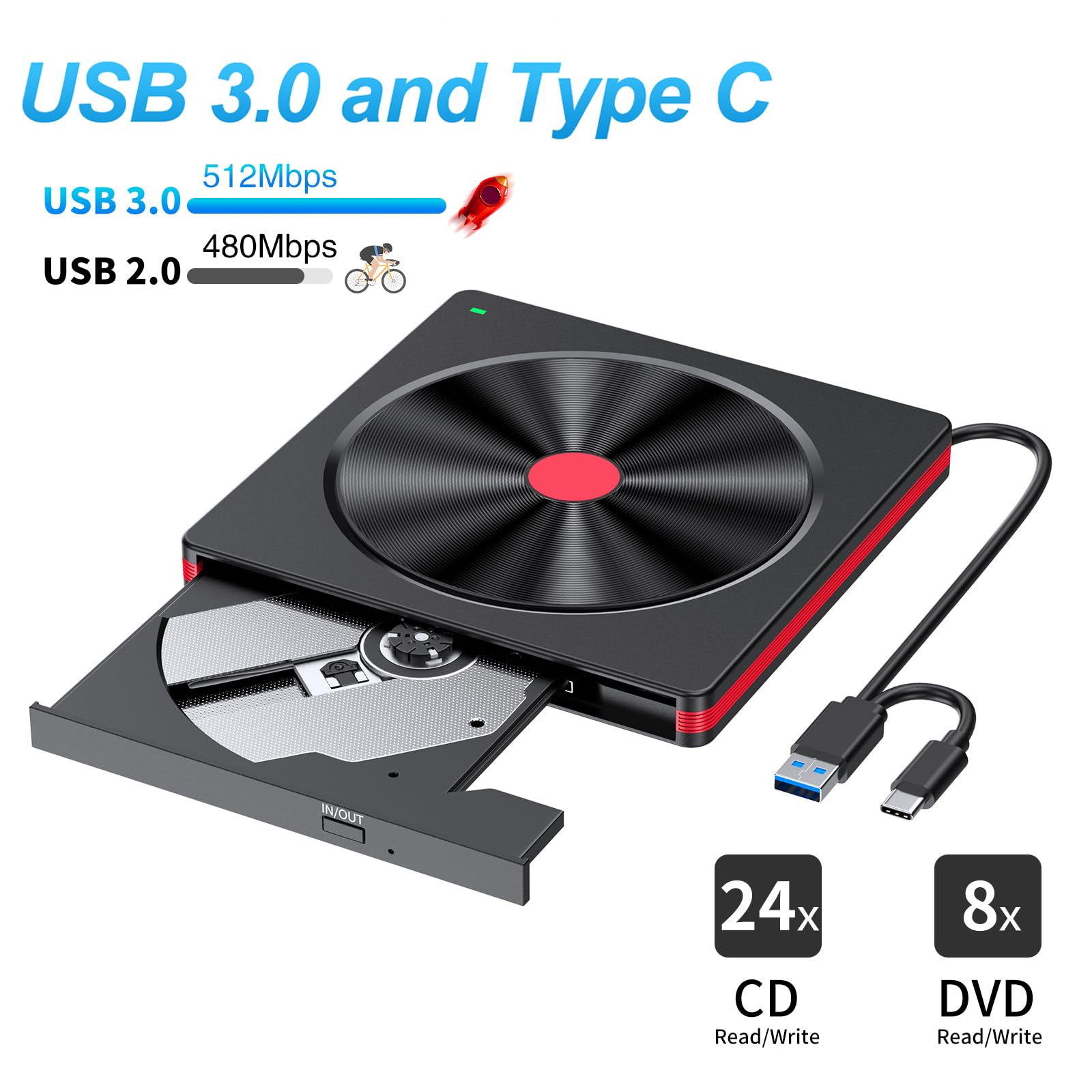 Lettore CD DVD Esterno per PC Portatile, Masterizzatore DVD Esterno, USB 3.0 Unità CD/DVD Esterne, Lettore DVD per PC Windows 11/10/8.1/7/XP/Vista Linux Mac OS Laptop Desktop Macbook NeroRosso