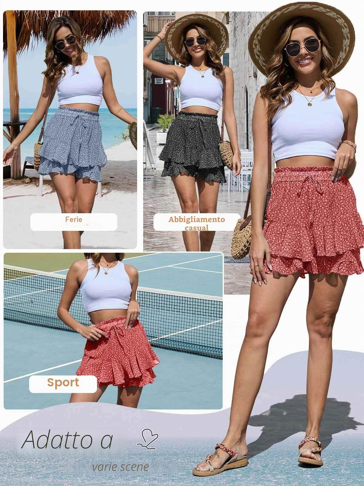 Yutdeng Pantaloncini Donna Eleganti Corti Estivi da Donna con Stampa Floreale Moda Shorts Pantaloncini Casual Leggeri Boho Gonna Elastico in Vita Gamba Larga con Orlo a Volant