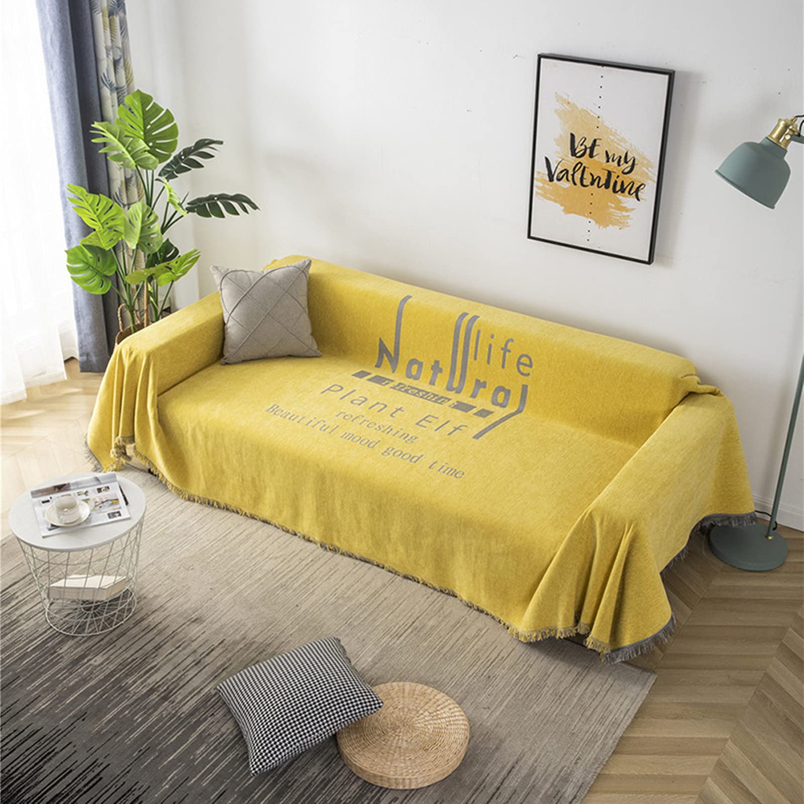 Housses de canapé chenille 3 places jaune 180x300cm pour grand canapé d'angle