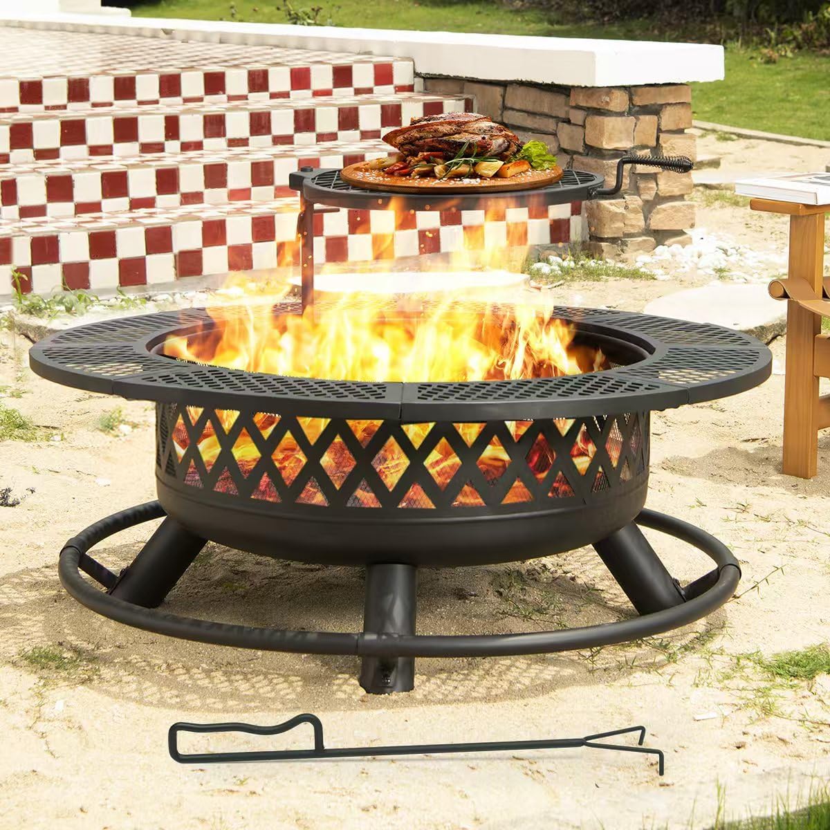 - 42 Inch Outdoor Fire Pit with Grill, Large Firepit Table for Outside, Metal Round Firepits with Lid&Fire Poker,3 in 1 Wood Burning Fire Pits & Outdoor Fireplaces for Backyard,Patio(42'' Black)