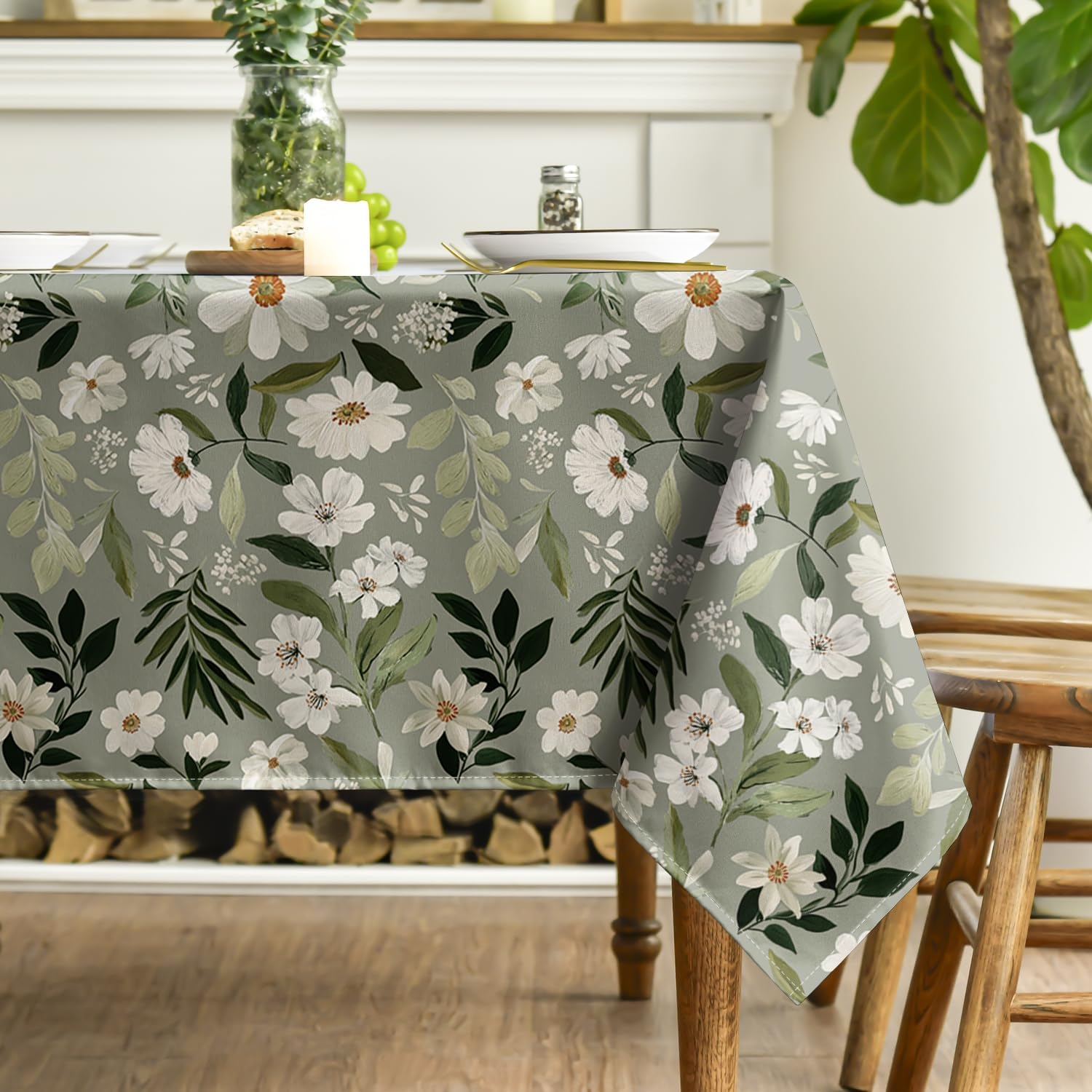 Horaldaily Spring Tablecloth 60×84 Inch Rectangular,Shabby Chic Style Muted Grayish-Green Daisy Leaves Washable Seasonal Table Cover for Party Picnic Dinner Decor - Image 3