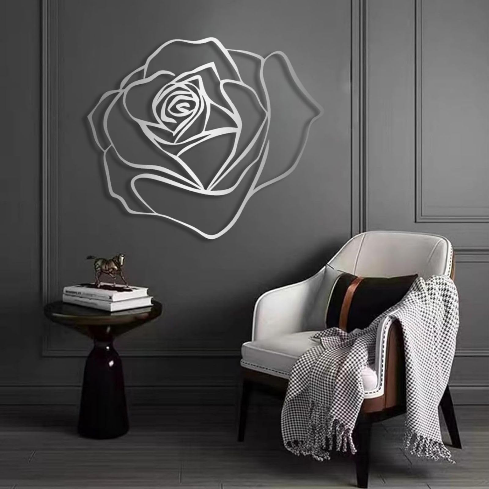 CREATCABIN Decoración Pared Metal Floral Arte Pared Metal Negro Rústico Rectángulo Hueco Flor Hierro Colgante Escultura Pared Mandala Decoración Pared Sala Estar Hogar Oficina Jardín Balcón 30x12 Cm