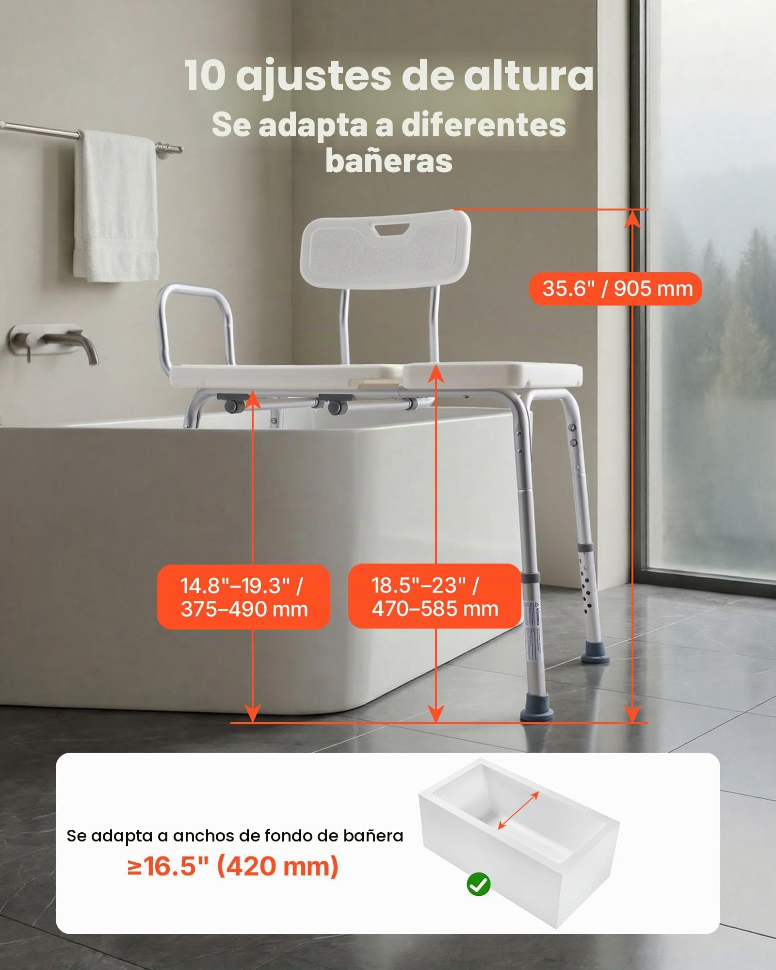 VEVOR Asiento de Bañera con Brazo y Respaldo, Silla para Bañera Altura Ajustable de 375 a 490 mm, Capacidad de 180 kg, Silla de Ducha para Adultos, Personas Mayores, Personas con Discapacidad