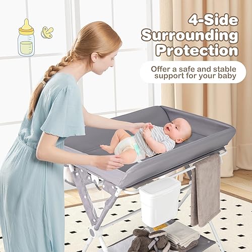 Miniatura 7 de HONEY JOY Cambiador, organizador móvil plegable con ruedas, altura ajustable, bolsa de almacenamiento y estante abierto, estación portátil para