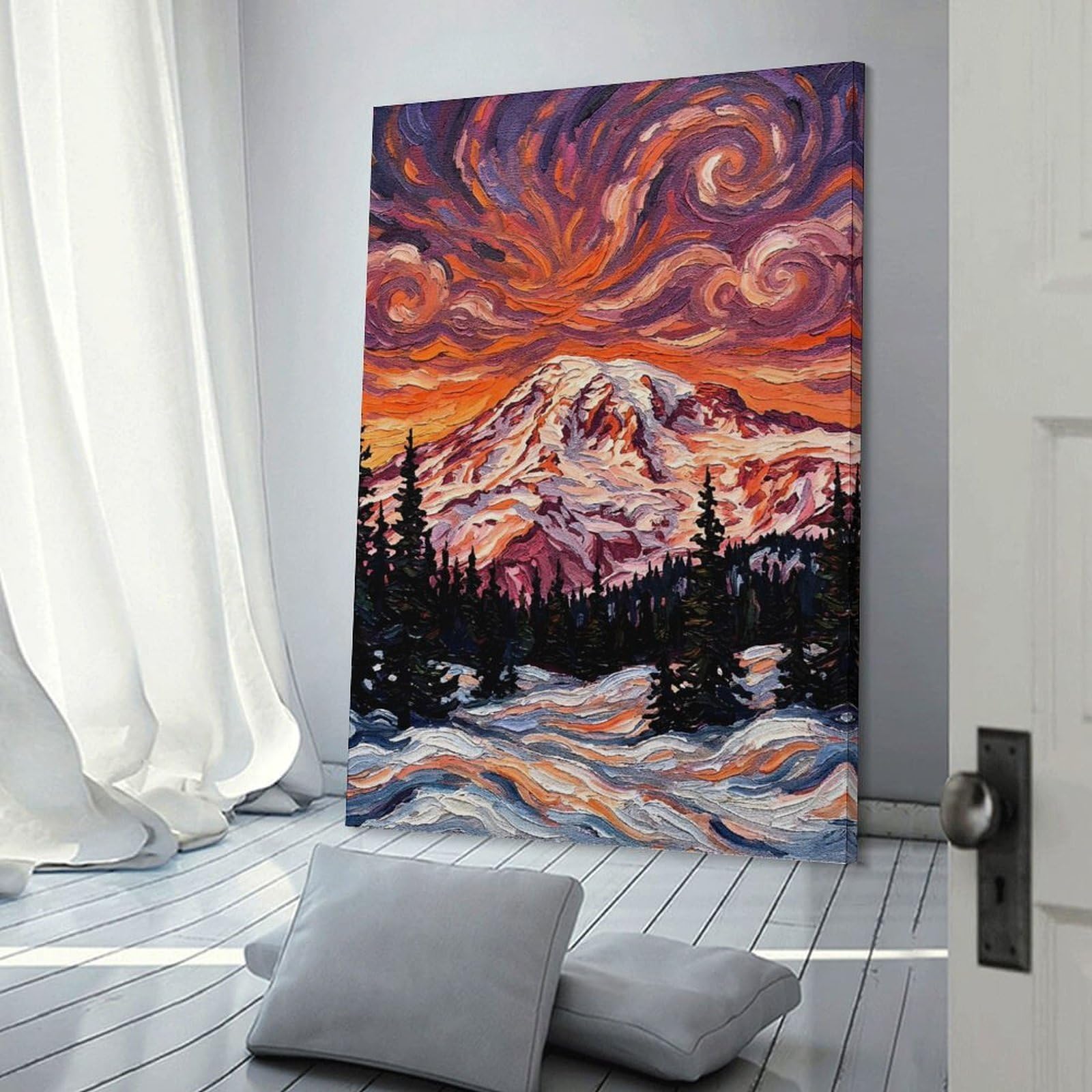 Junmoney Canvas Wall Art Mount Rainier Impasto Painting at Sunset, 24x36inch(60x90cm), for Lounge Decor, Bedroom Walls Or Flats, A Home Accent with Warm Character