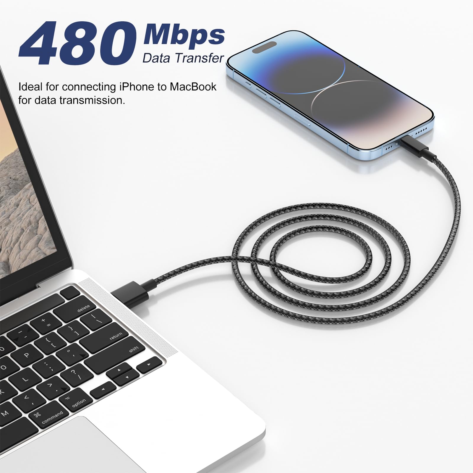 iPhone Charger Cable, 2Pack 1M+2M for Lightning to USB Cable MFi Certified, Fast Charging Braided Lead for Apple iPhone 14/13/12/11/Pro Max/XS/XR/8/7/6/Plus/5 SE, for iPad (Black) — view 6