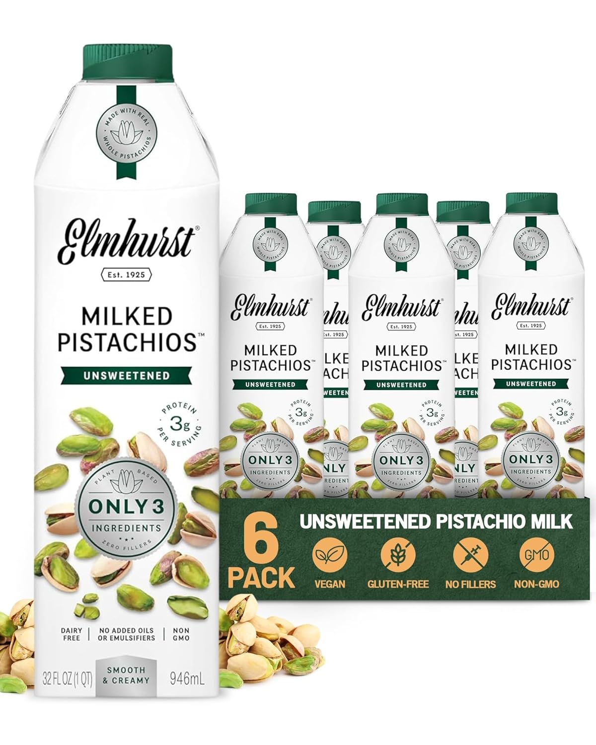 Elmhurst 1925 Pistachio Milk Unsweetened - 32 Ounce (Pack of 6) Dairy-Free, Gluten-Free, Vegan, Kosher, Shelf Stable Milk Made with Water & Pistachios for Healthier, Simpler Plant-Based Alternatives