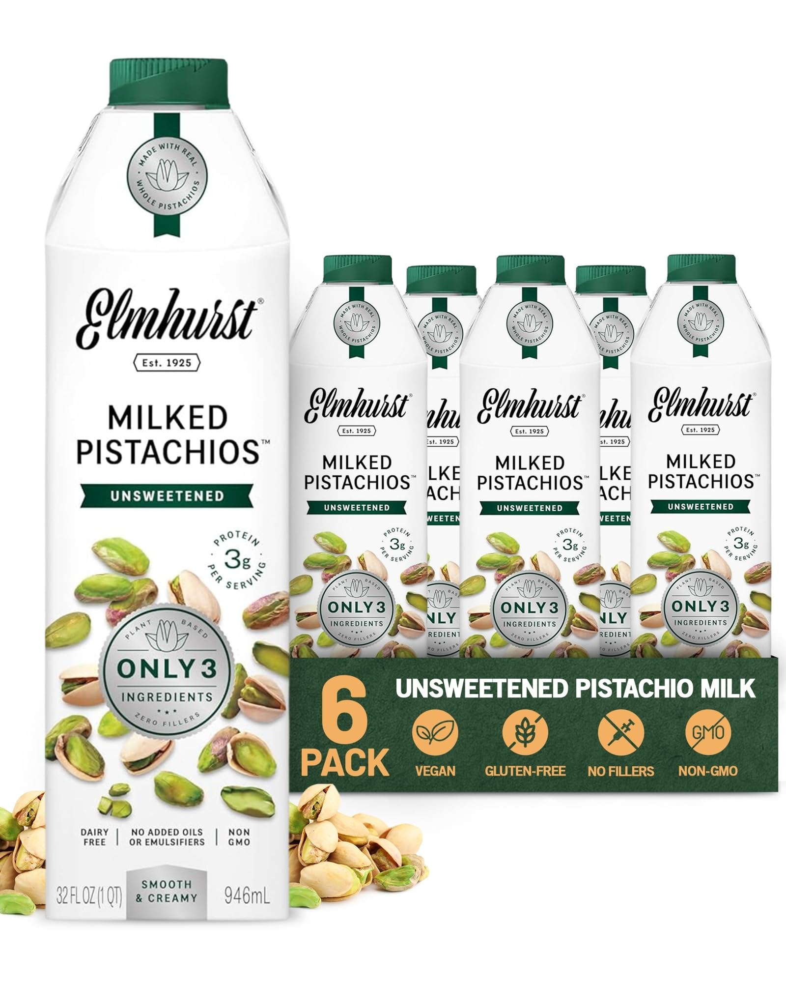 Elmhurst 1925 Pistachio Milk Unsweetened - 32 Ounce (Pack of 6), Vegan