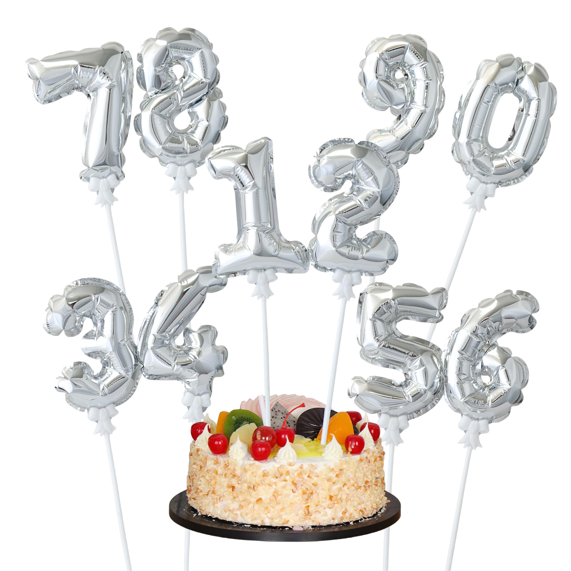 Photo 1 of [20 Pcs] 5" Silver mini number balloons on stick self-inflating small number foil balloons cake topper for Birthday Anniversary Valentine's Day Baby Shower Party Reusable Decorations