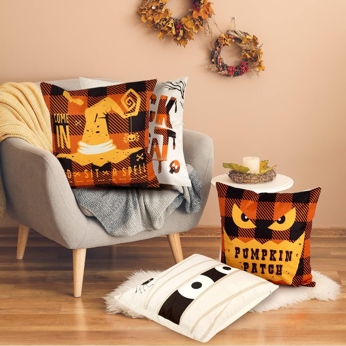 D-FantiX Fall Throw Pillow Covers 18x18 Inch Thanksgiving Decorations Autumn Pillow Cases Set of 4 Happy Fall Cotton Linen Sofa Bed Cushion Decorative Holiday Fall Throw Pillow Decor