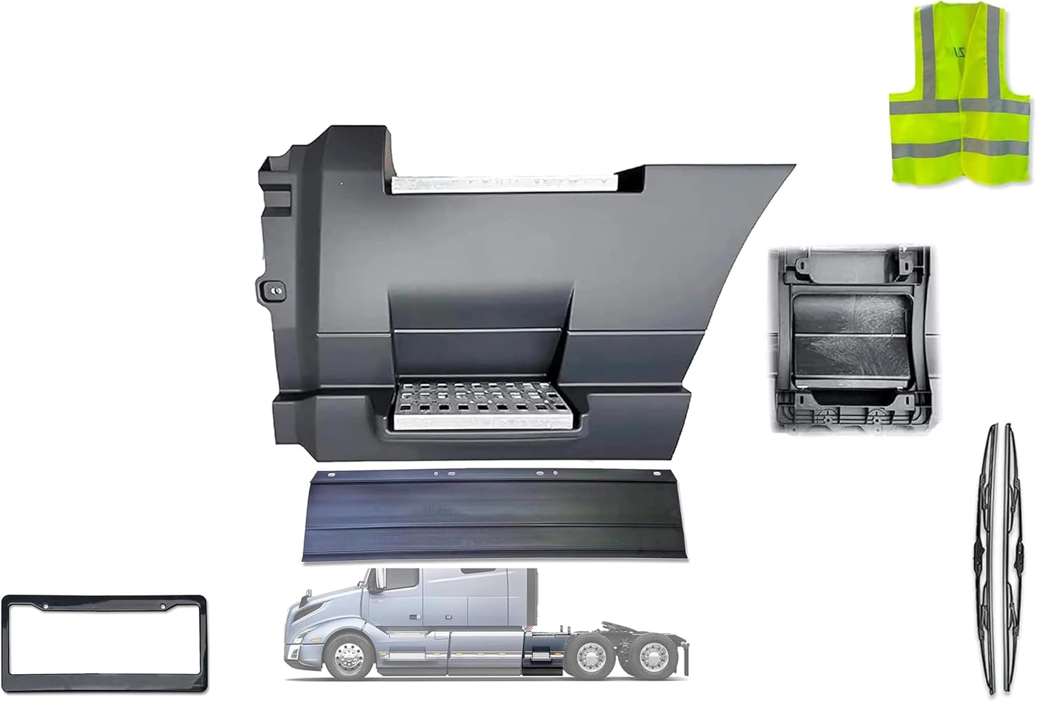 KOZAK Rear Step Side Fairing Panel with Rubber Stripe Left Driver Side 35" (85 cm) with Steps compatible with Volvo VNL 2018+, Includes Logo, 2x 22" Wipers, License Plate Frame, Vest