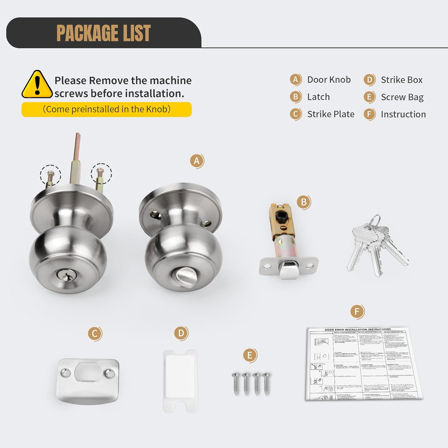 Keyed Entry Door Knob, Flat Ball Interior Door Knob with Lock, Round Exterior Doorknob for Front/Entrance Doors, Stain Nickel