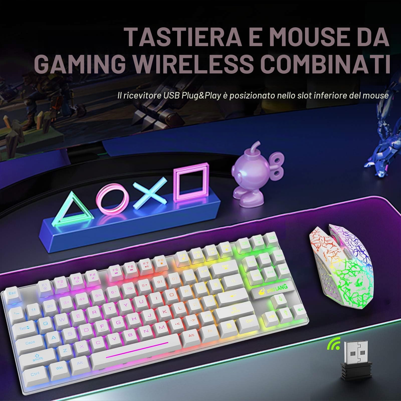 Combinazione mouse e tastiera da gioco wireless, 87 tasti arcobaleno retroilluminazione a LED batteria ricaricabile da 3800 mAh sensazione meccanica mouse muto impermeabile RGB (White)