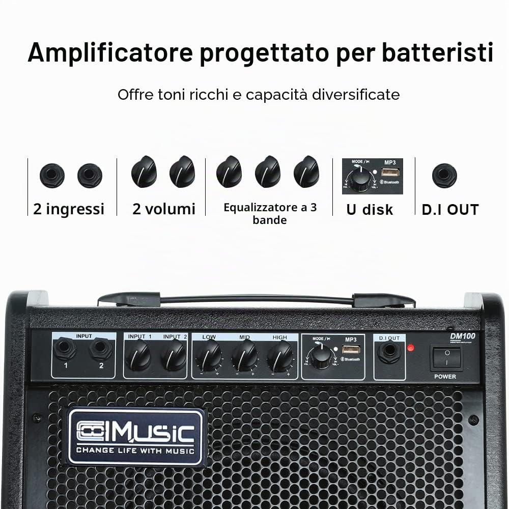 Coolmusic DM100 PA Workstation Amplificatore per monitor personale, Amplificata per batteria elettronica, ​Tastiera e altoparlante per chitarra acustica