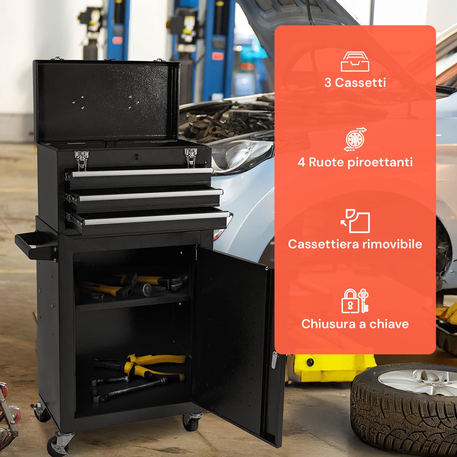 CT01 Carrello Portautensili da Officina con Serratura - 3 Cassetti e 3 Vani, Capacità 150 kg,Ideale per Meccanica e Professionisti - Carrello Porta Attrezzi Vuoto, Nero