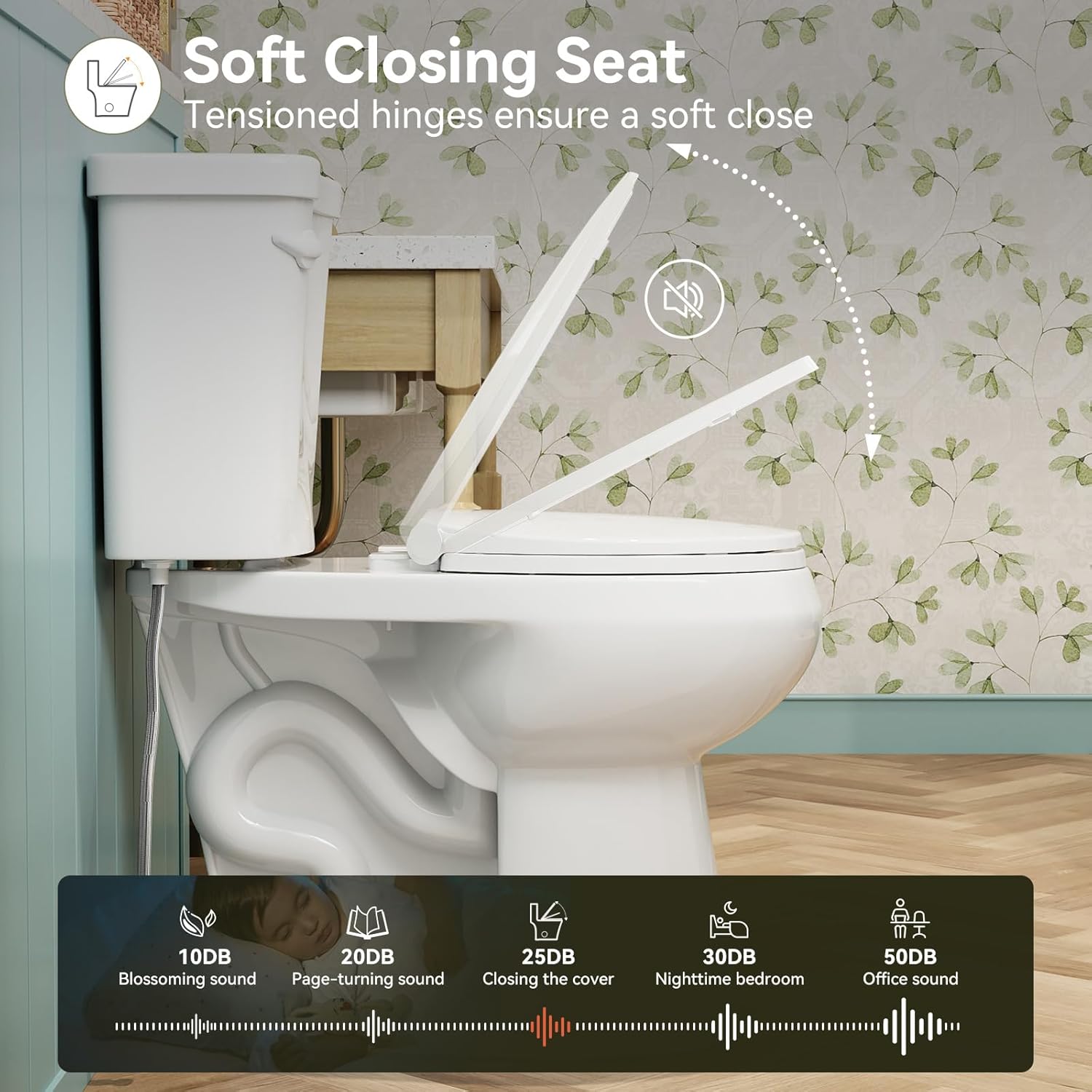 Diagram illustrating the soft-closing mechanism of the toilet seat, showing tensioned hinges ensuring a quiet and slow close, with a decibel comparison to common sounds.
