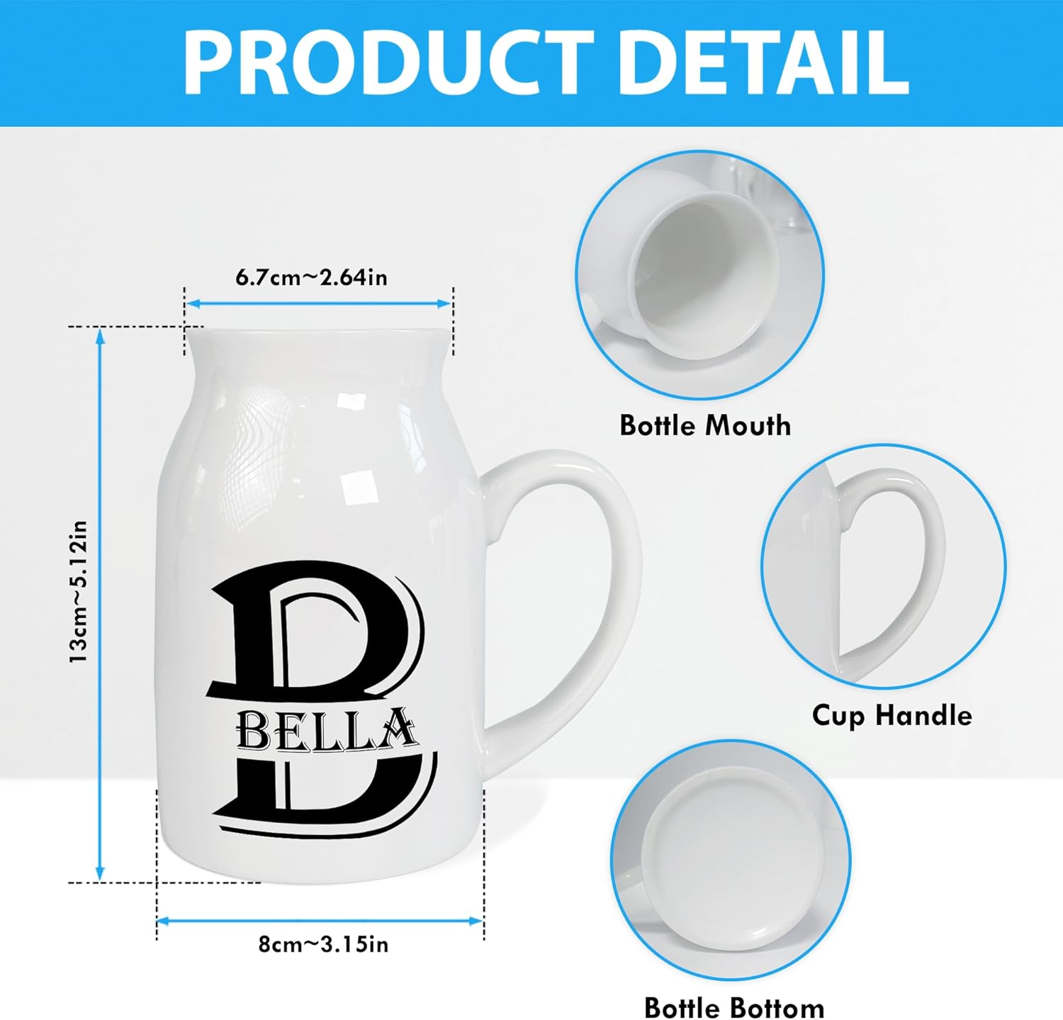 Personalized Initial Monogram Flower Bud Vase, Custom Elegant Alphabet Milk Jug Pitcher with Letter & Name, Gift Unique for Grandma, Garden Decor Keepsake